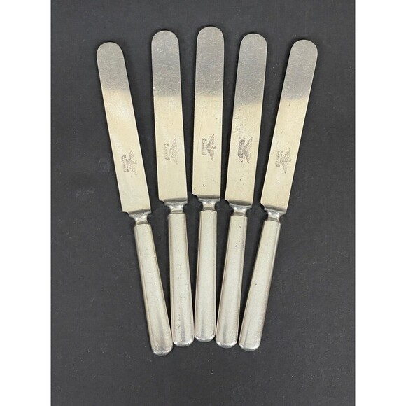 5 Antique Plated Handle by Landers with Eagle Logo Blunt Dinner Knife w/Patina - Picture 1 of 6